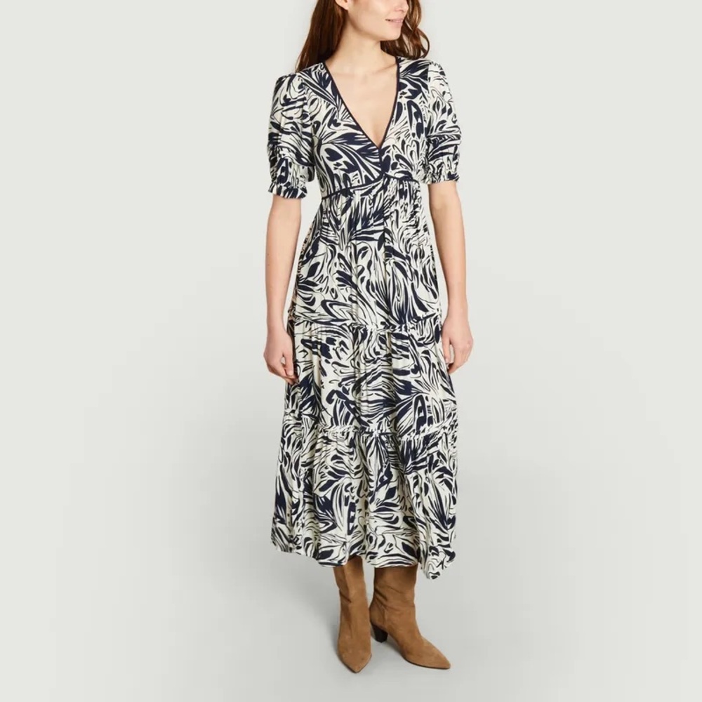 Ba&sh Cala Midi Lady Dress Blue White Abstract Sz S